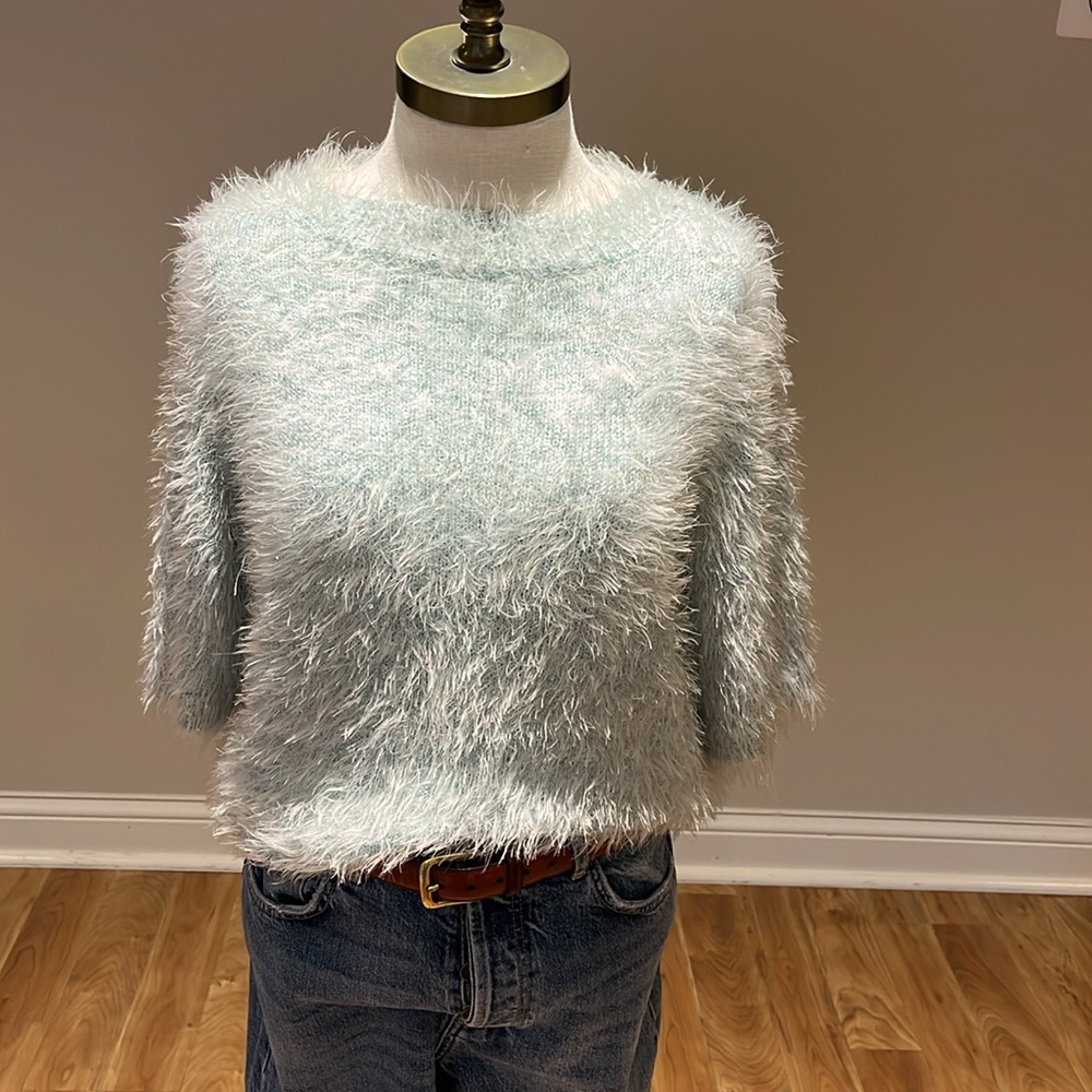 Atmosphere mint light aqua fuzzy eyelash sequin boxy short sleeve sweate…